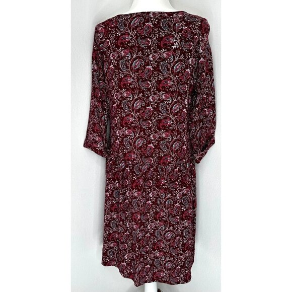 Garnet Hill Shirt Dress Women 10 Burgundy Paisley Knee Length 3/4 Sleeve Pockets - Picture 6 of 11